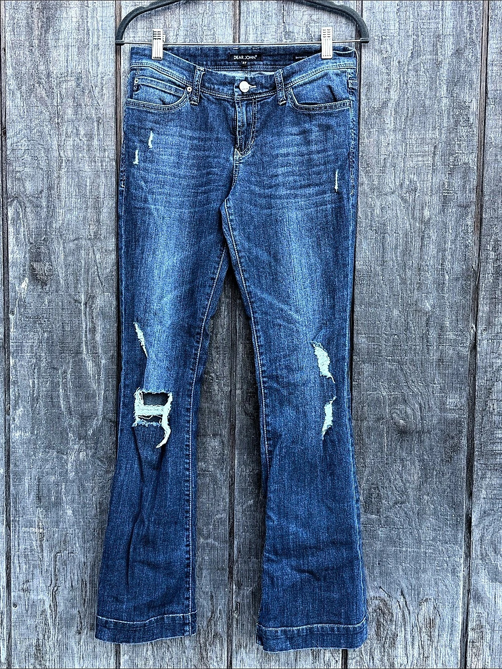 Dear John Backstage Distressed Flare Jeans in Blue Size 27